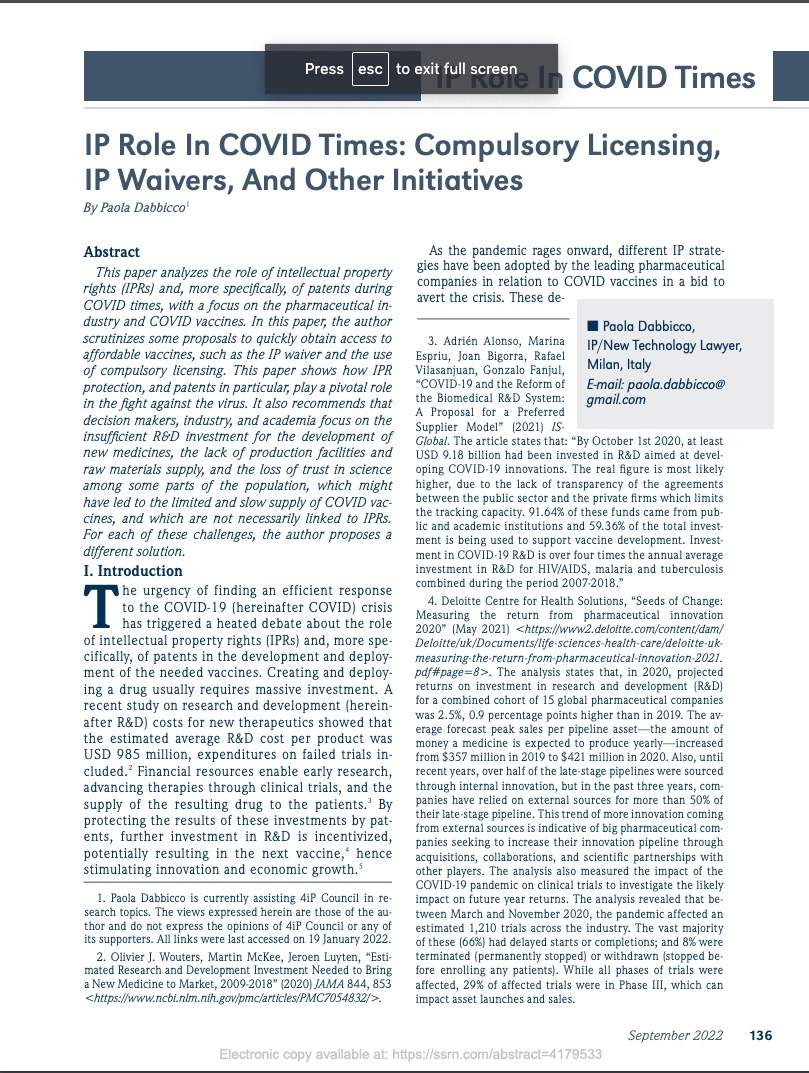 IP Role in Covid Times: Compulsory Licensing, IP Waivers, and Other Initiatives