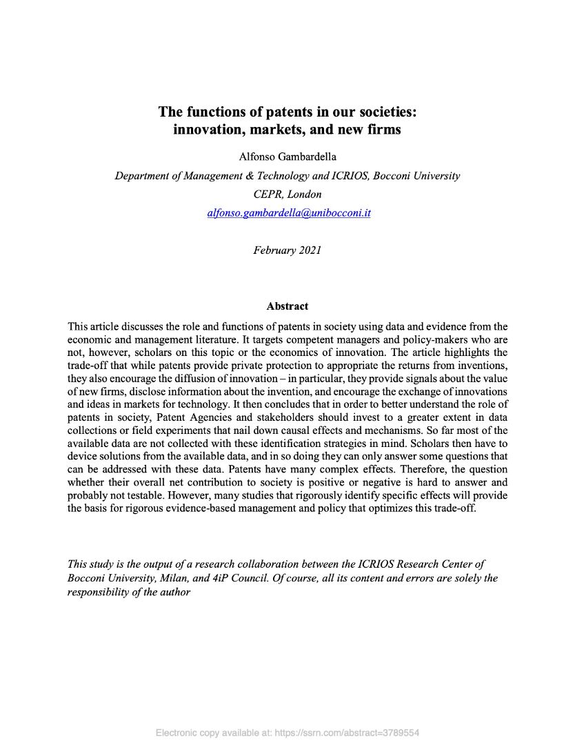 The functions of patents in our societies:
innovation, markets, and new firms
